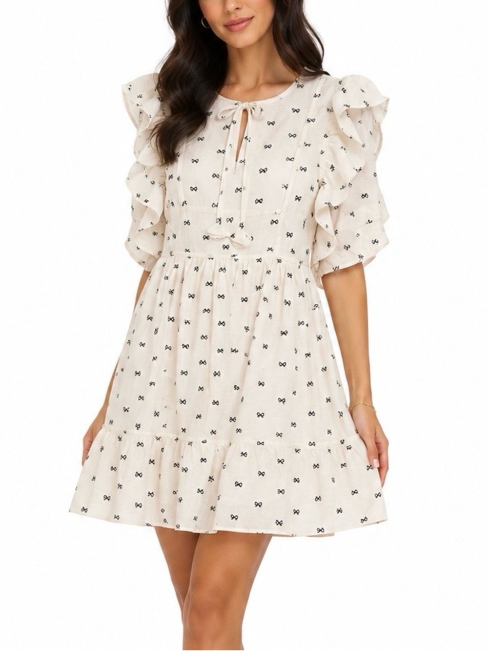 UMGEE Cream Black Bow Print Ruffle Puff Sleeve Babydoll Dress NWT